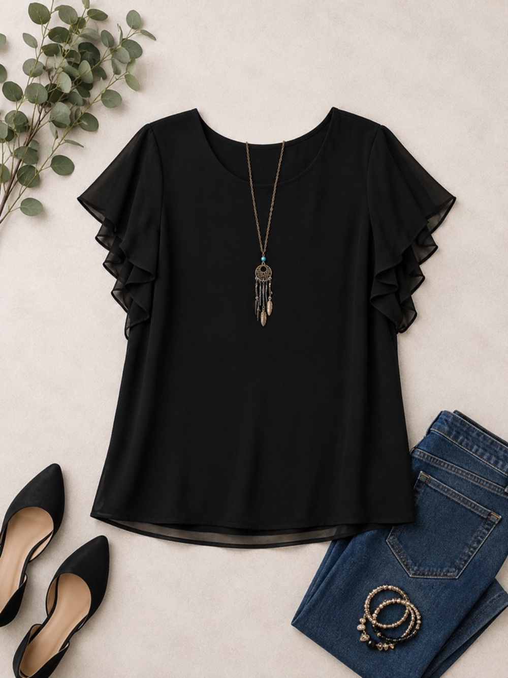 F&F Black Flutter Sleeve Chiffon Blouse Women’s Size 16